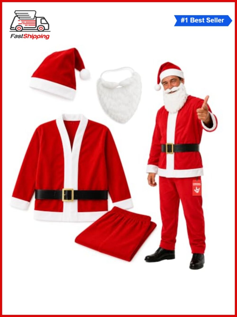 🎅 5-Piece Santa Claus Suit Christmas Costume Set Jacket Pants Hat Belt Beard